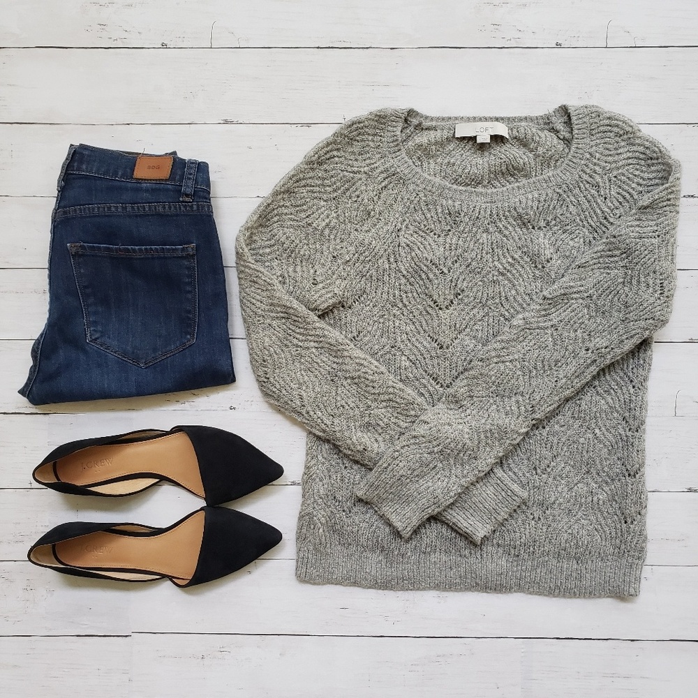 LOFT Gray Crew Neck Sweater with Textured Knit